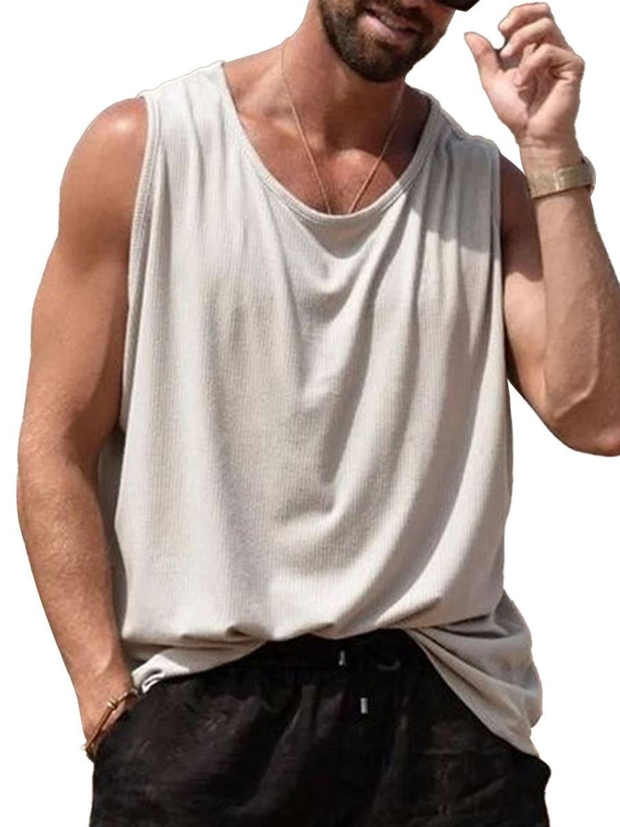 Men DJ Casual Short Sleeve Shirts | Solid Color Casual Round Neck Sleeveless Tank Top White