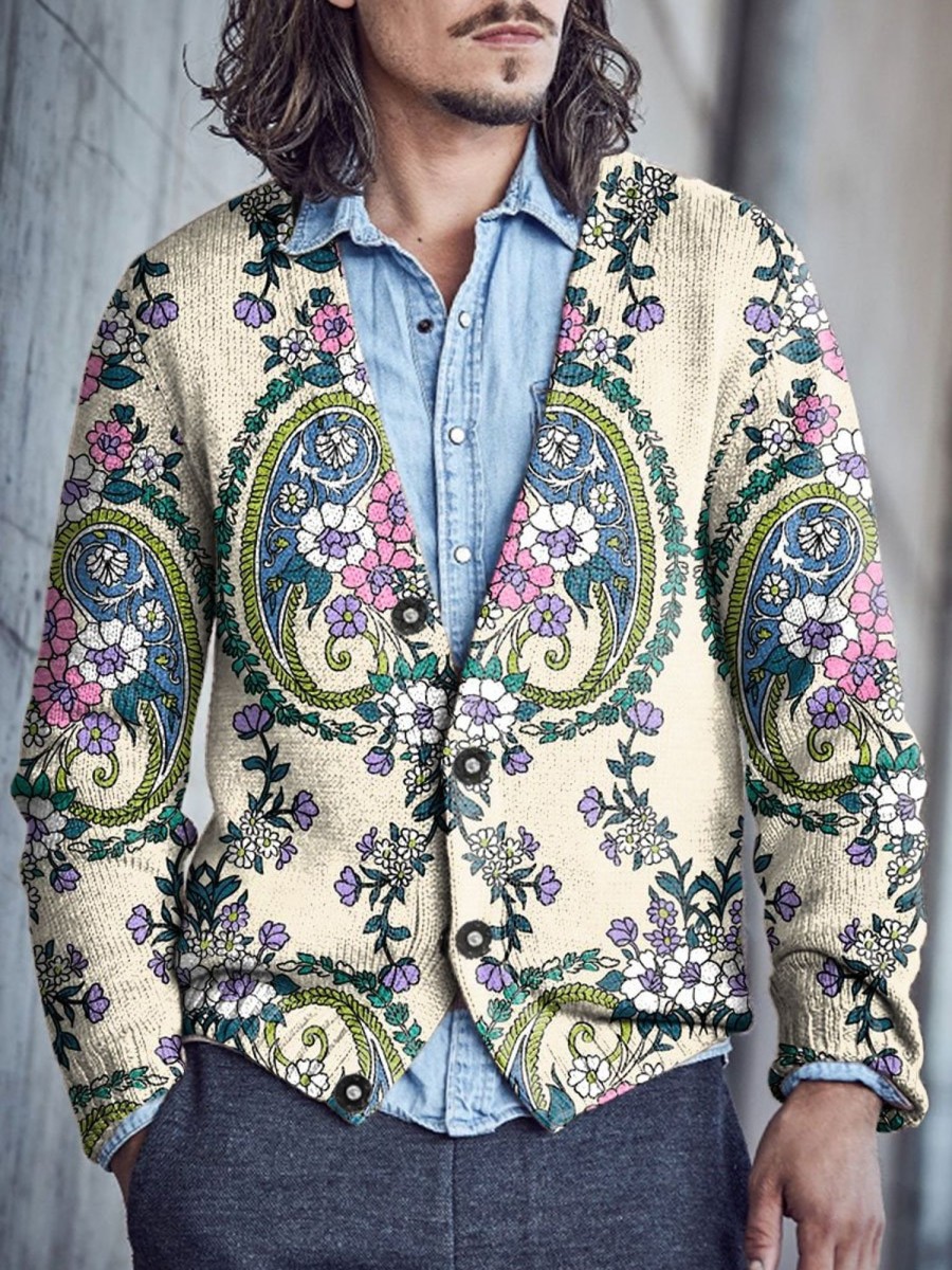 Men BXL Print Cardigan | Men'S Casual Retro Floral Single-Breasted V-Neck Woolen Cardigan Khaki