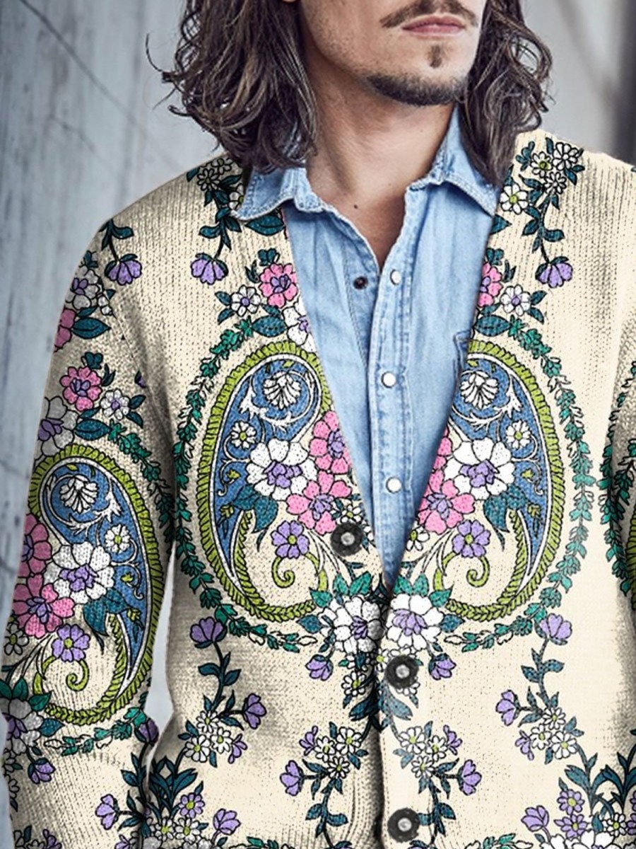 Men BXL Print Cardigan | Men'S Casual Retro Floral Single-Breasted V-Neck Woolen Cardigan Khaki