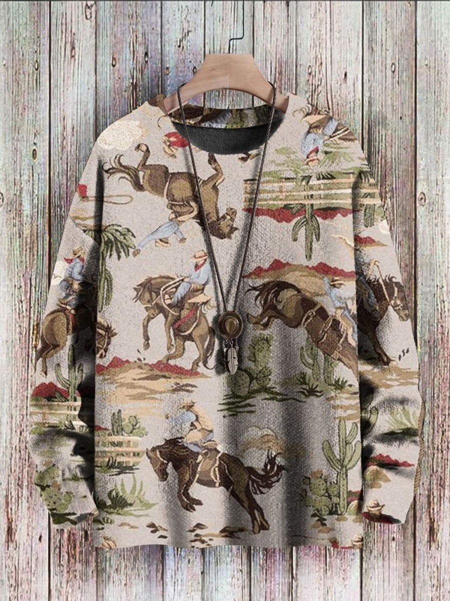 Men BXL Print Sweater | Men'S Retro Western Cowboy Horse Print Crew Neck Pullover Sweater 28194349Xl Khaki