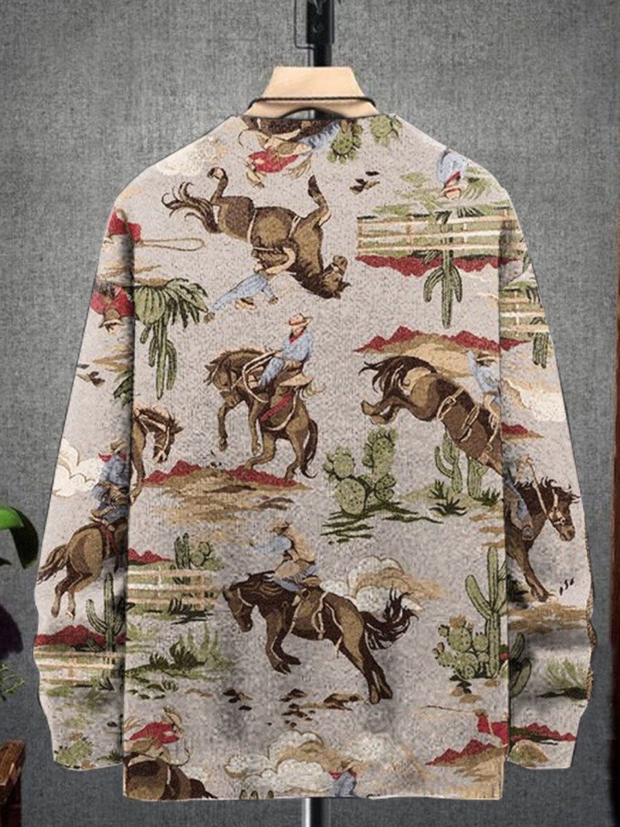 Men BXL Print Sweater | Men'S Retro Western Cowboy Horse Print Crew Neck Pullover Sweater 28194349Xl Khaki