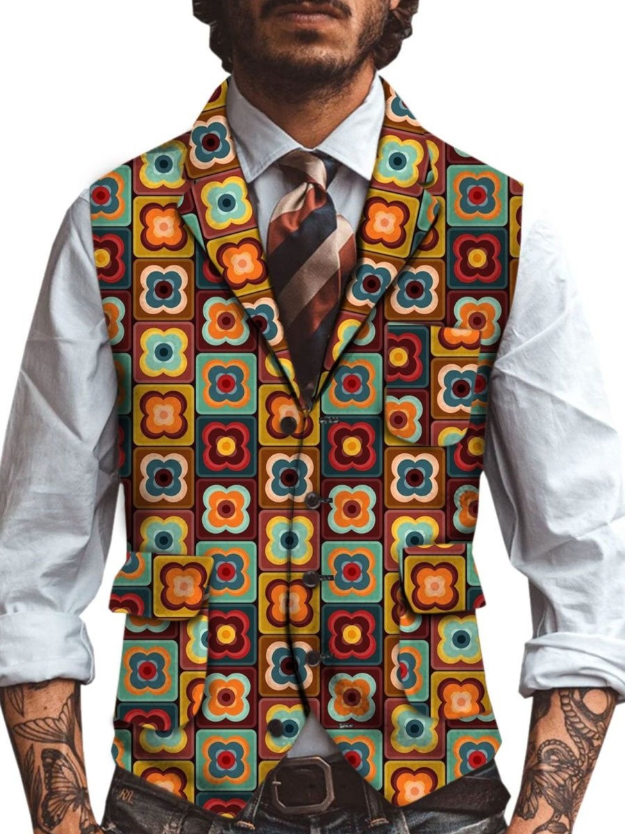 Men DJ Vest | Retro Geometric Floral Print Casual Long Three-Pocket Lapel Vest Photo Color