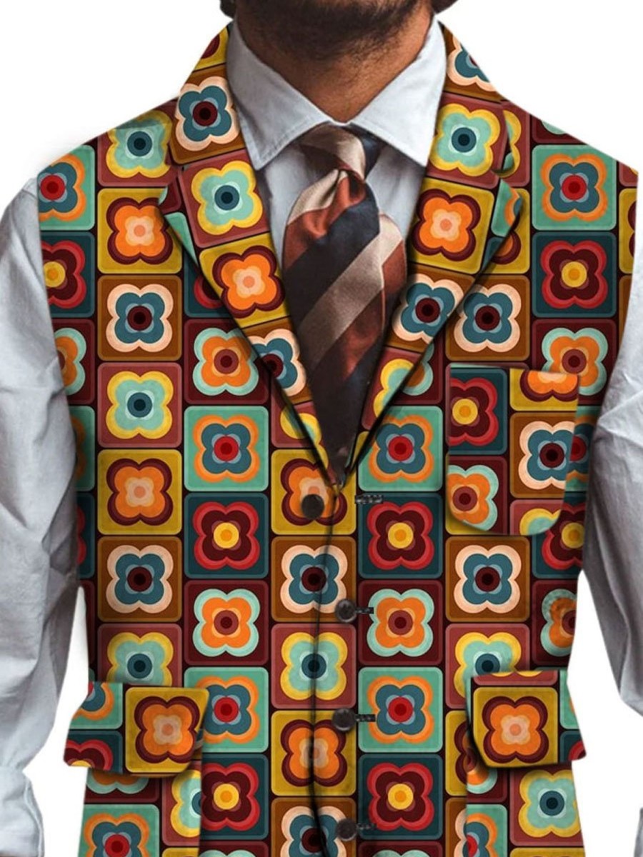 Men DJ Vest | Retro Geometric Floral Print Casual Long Three-Pocket Lapel Vest Photo Color