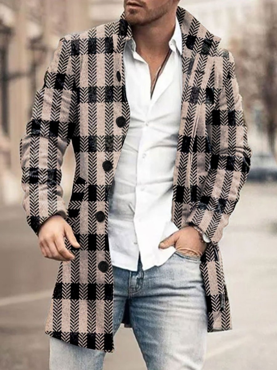 Men BXL Print Jacket | Men'S Casual Retro Plaid Print Single-Breasted Double-Pocket Wool Coat Black