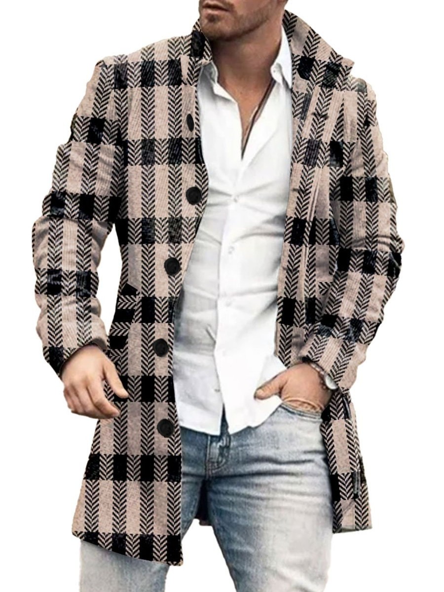 Men BXL Print Jacket | Men'S Casual Retro Plaid Print Single-Breasted Double-Pocket Wool Coat Black