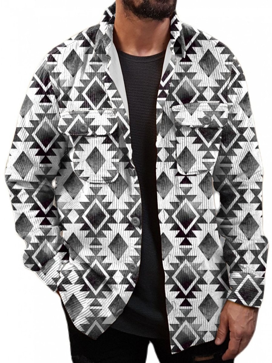 Men DJ Jacket | Vintage Ethnic Geometric Print Pocket Corduroy Jacket Photo Color