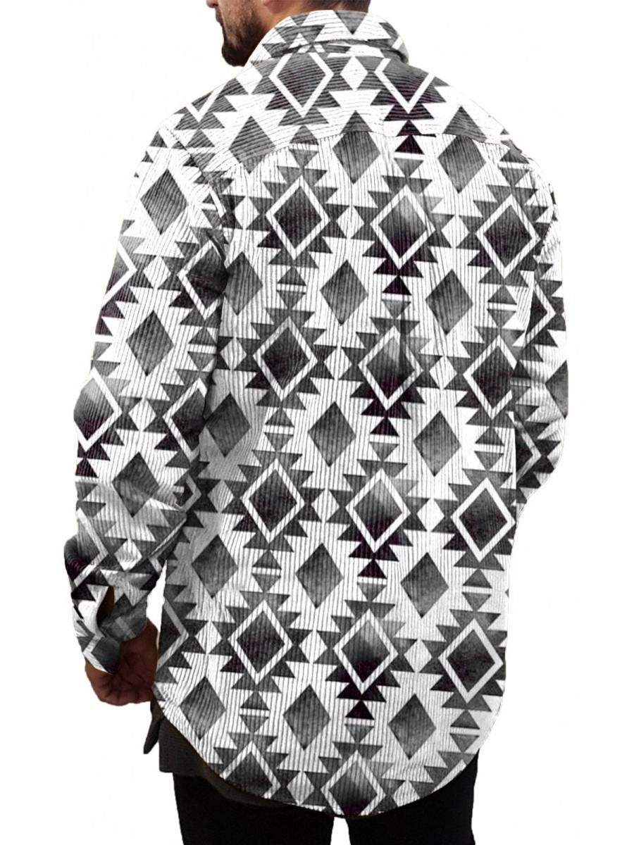 Men DJ Jacket | Vintage Ethnic Geometric Print Pocket Corduroy Jacket Photo Color