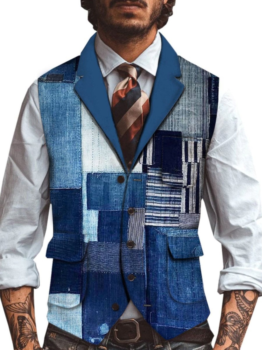 Men QMY Vest | Retro Denim Patch Print Three Pocket Vest Photo Color