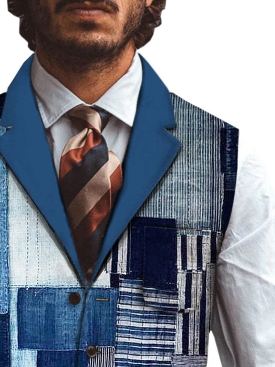 Men QMY Vest | Retro Denim Patch Print Three Pocket Vest Photo Color