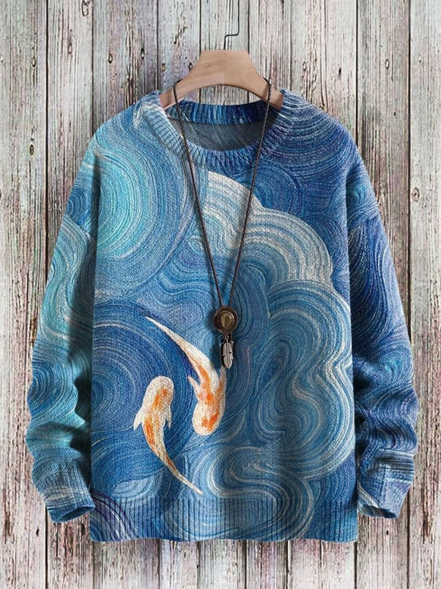 Men BXL Print Sweater | Two Little Koi Art Print Knit Pullover Sweater Blue