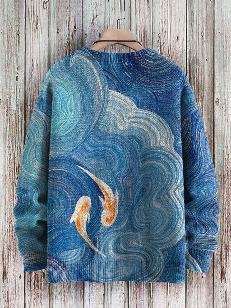 Men BXL Print Sweater | Two Little Koi Art Print Knit Pullover Sweater Blue