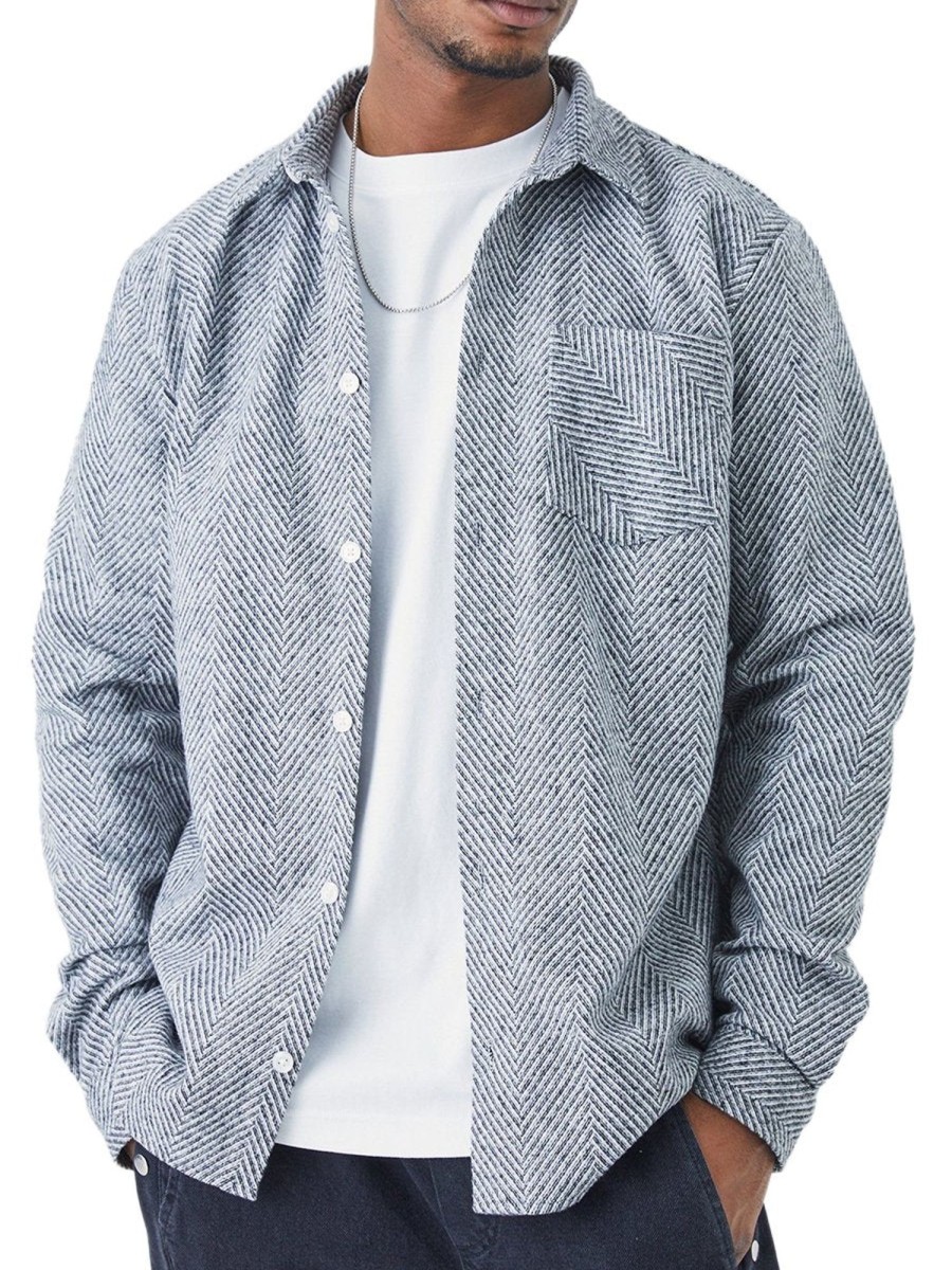 Men QMY Casual Shirts | Long Sleeve Textured Herringbone Overshirt Grey