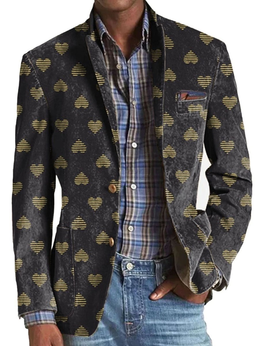 Men DJ Print Jacket | Retro Love Printed Three-Pocket Lapel Casual Blazer Photo Color