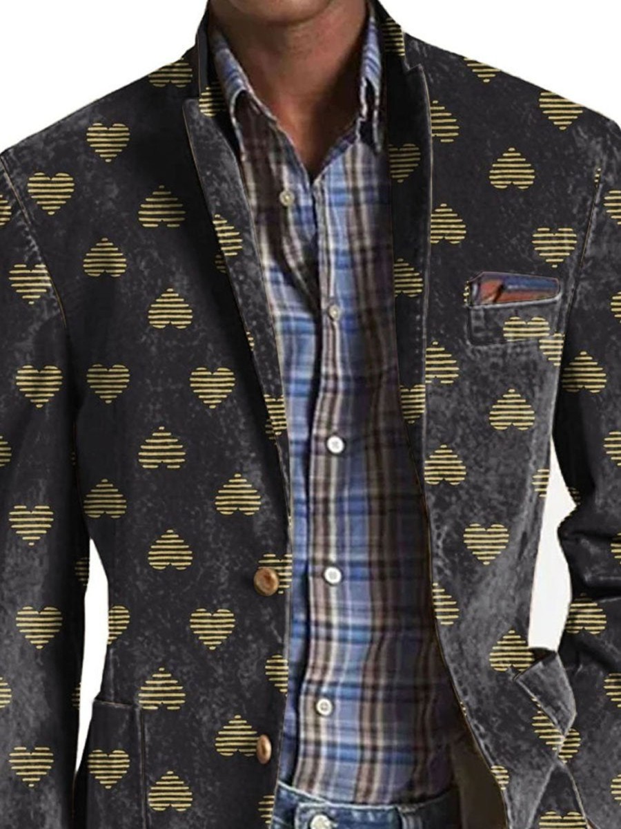 Men DJ Print Jacket | Retro Love Printed Three-Pocket Lapel Casual Blazer Photo Color