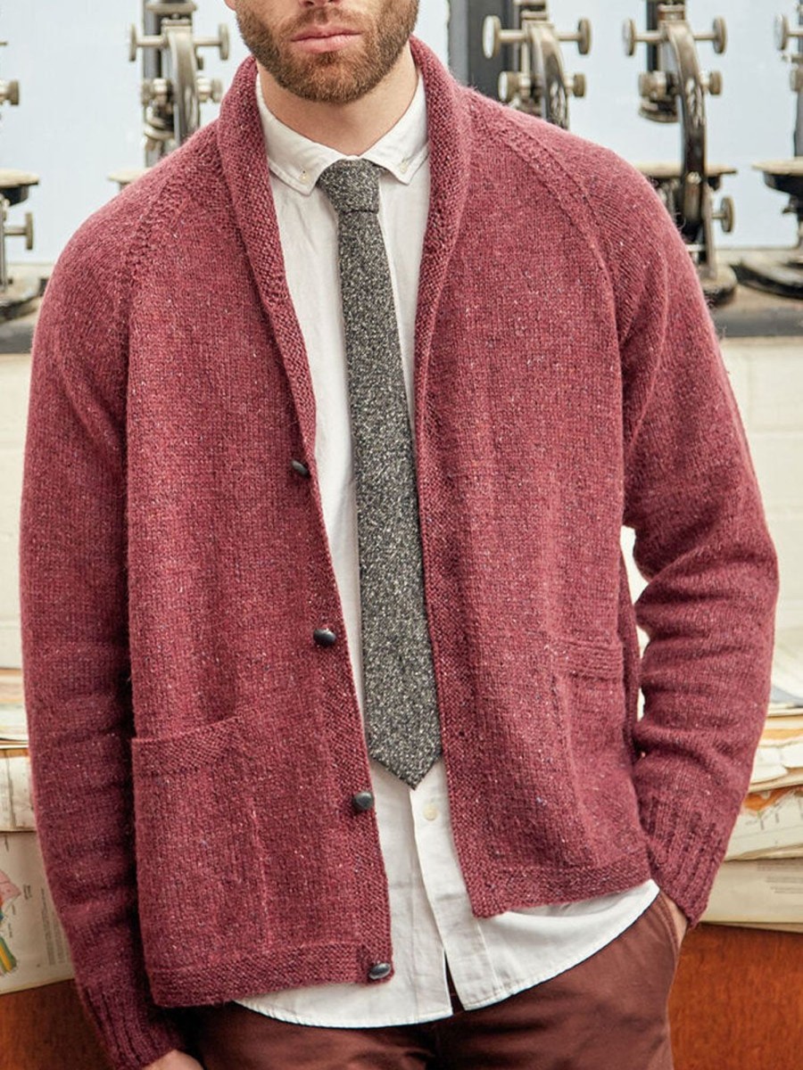 Men DJ Cardigan | Retro Double Pocket Lapel Knitted Cardigan Red