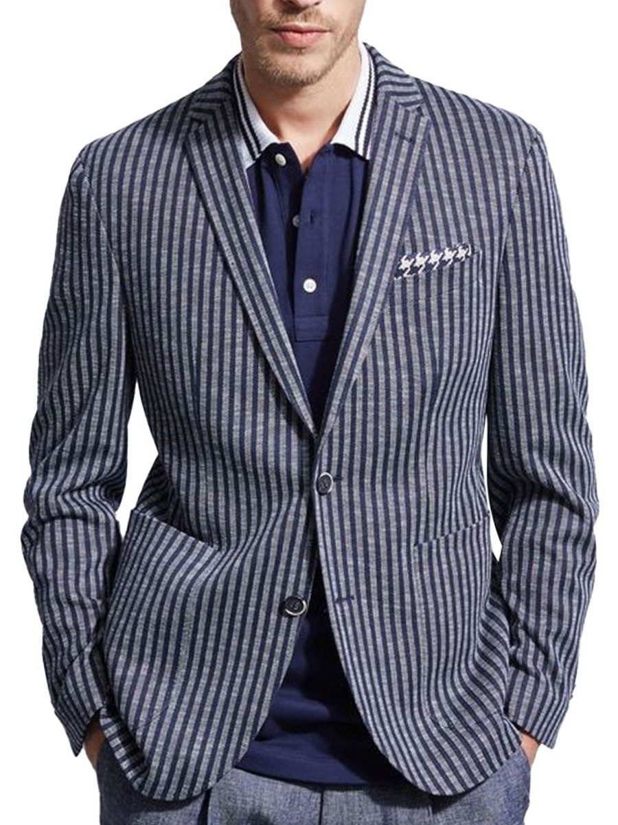 Men BXL Jacket | Men'S Retro Striped Multi-Pocket Casual Blazer Navy