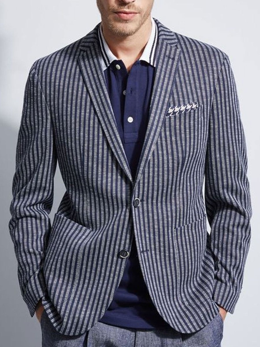 Men BXL Jacket | Men'S Retro Striped Multi-Pocket Casual Blazer Navy