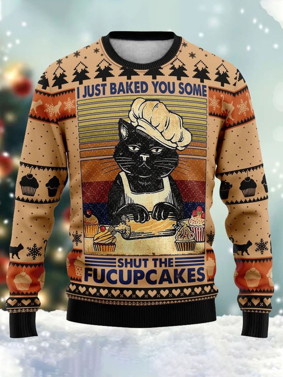 Men DJ Ugly Sweater | Shut The Fucupcakes Christmas Printed Casual Crew Neck Sweatshirt Photo Color