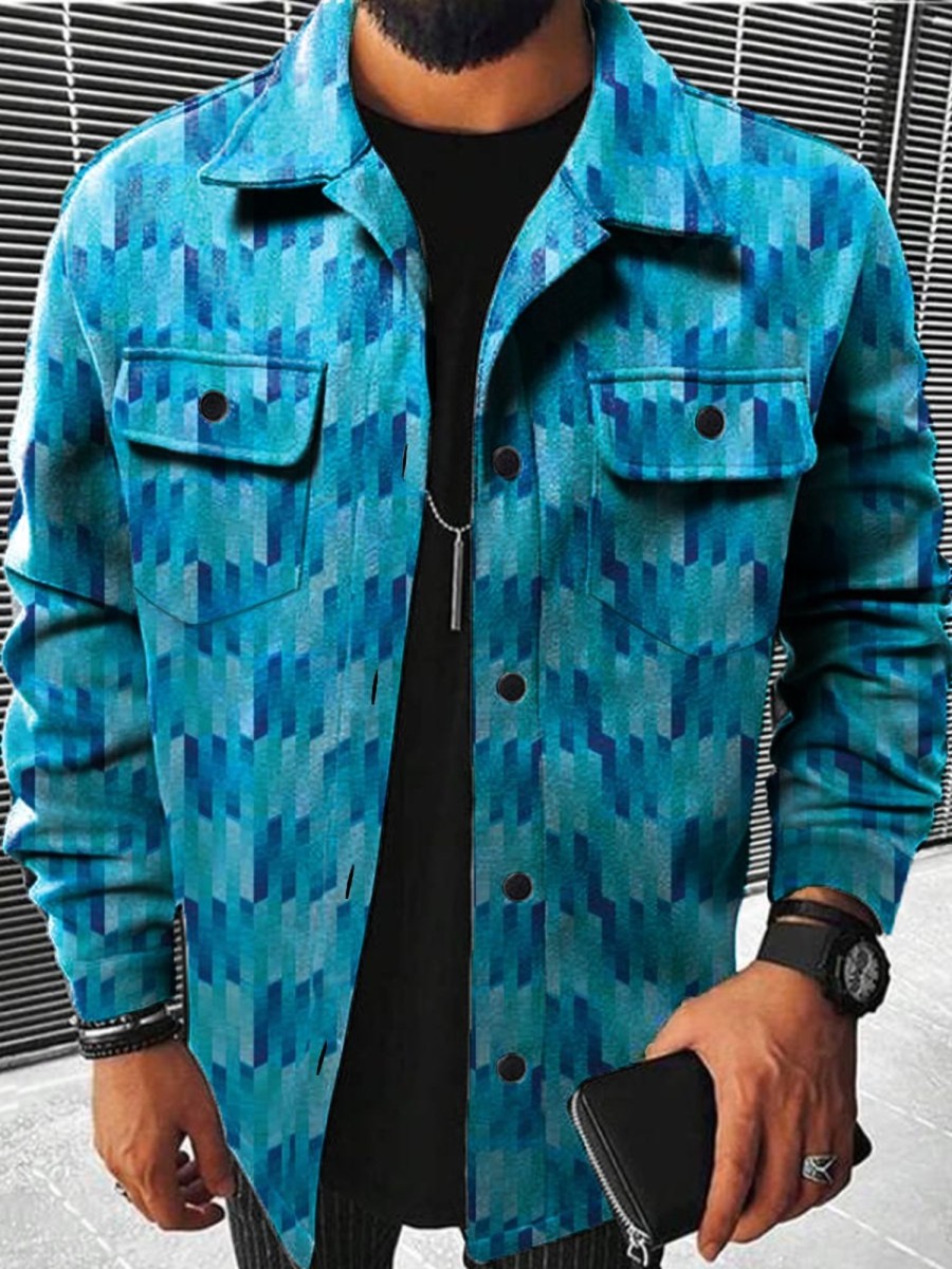 Men GYJ Jacket | Simple Geometric Print Waffle All-Match Pocket Jacket Blue