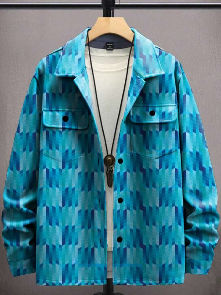 Men GYJ Jacket | Simple Geometric Print Waffle All-Match Pocket Jacket Blue