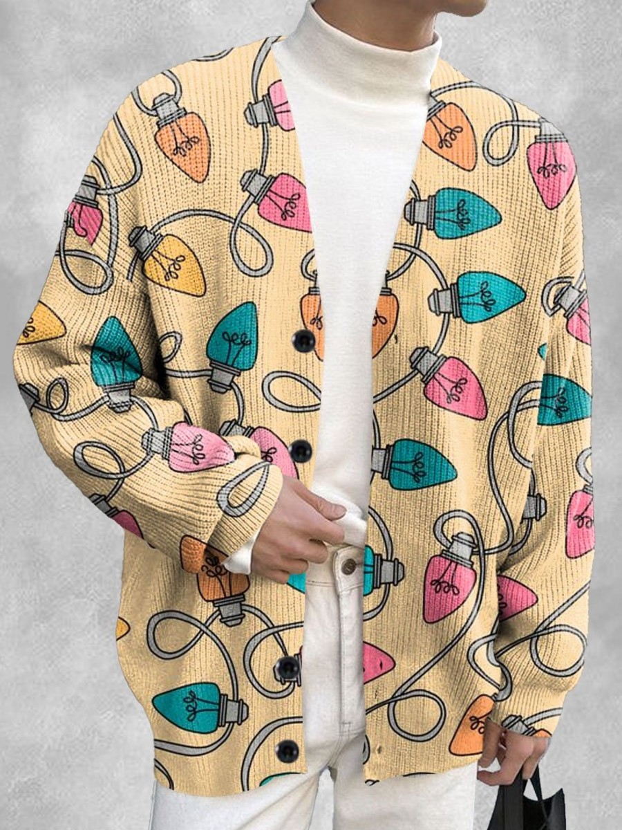 Men DJ Print Cardigan | Christmas Lights Printed Casual Knitted Cardigan Khaki