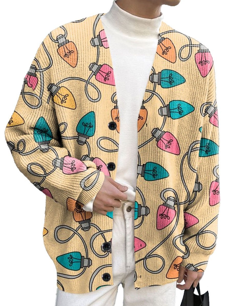 Men DJ Print Cardigan | Christmas Lights Printed Casual Knitted Cardigan Khaki