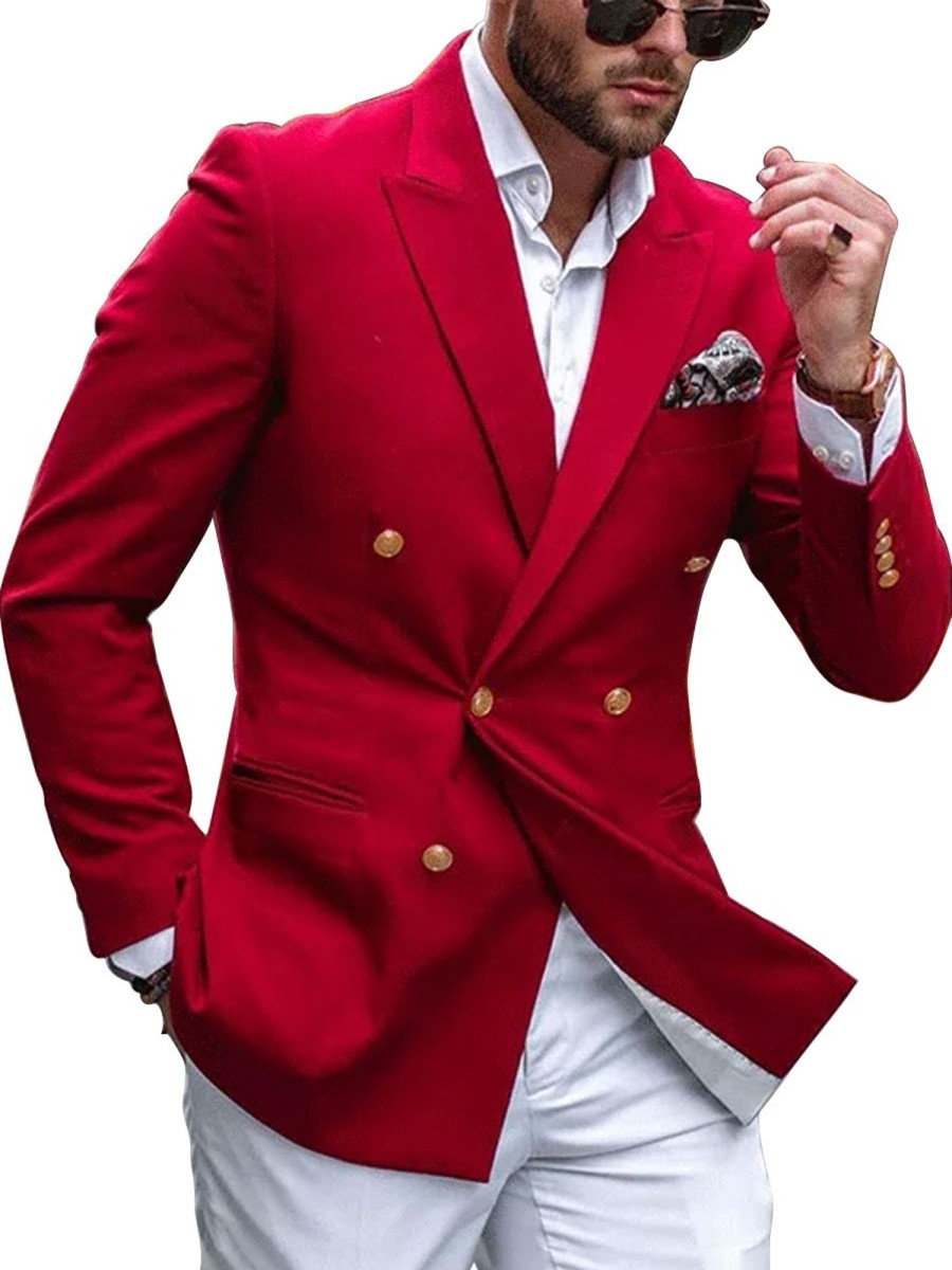 Men BXL Jacket | Men'S Solid Twill Pocket Double Breasted Casual Blazer Red