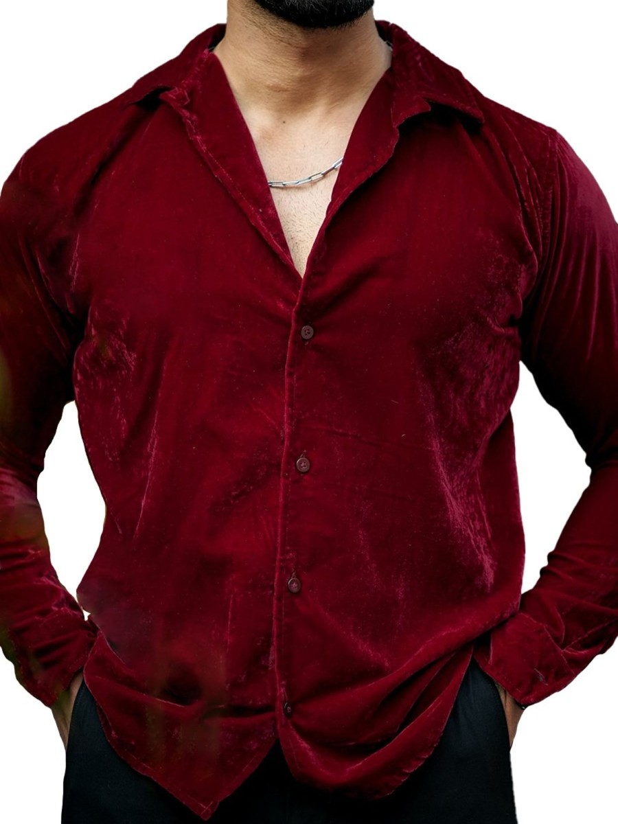 Men QMY Casual Long Sleeve Shirts | Velvet Long-Sleeved Shirt Wine Red