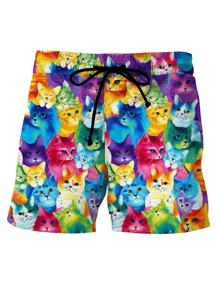 Men GYJ Shorts | Colorful Cat Print Lounge Shorts Photo Color