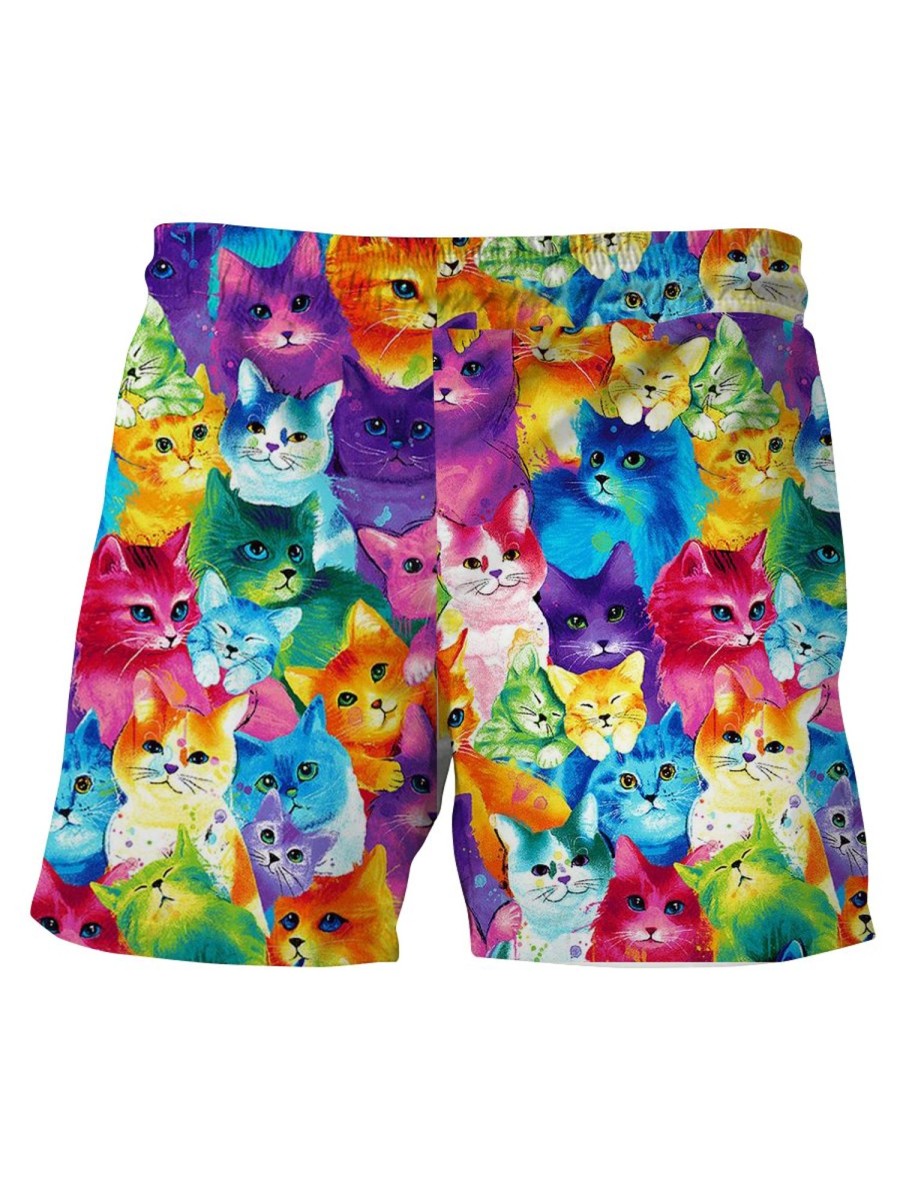 Men GYJ Shorts | Colorful Cat Print Lounge Shorts Photo Color