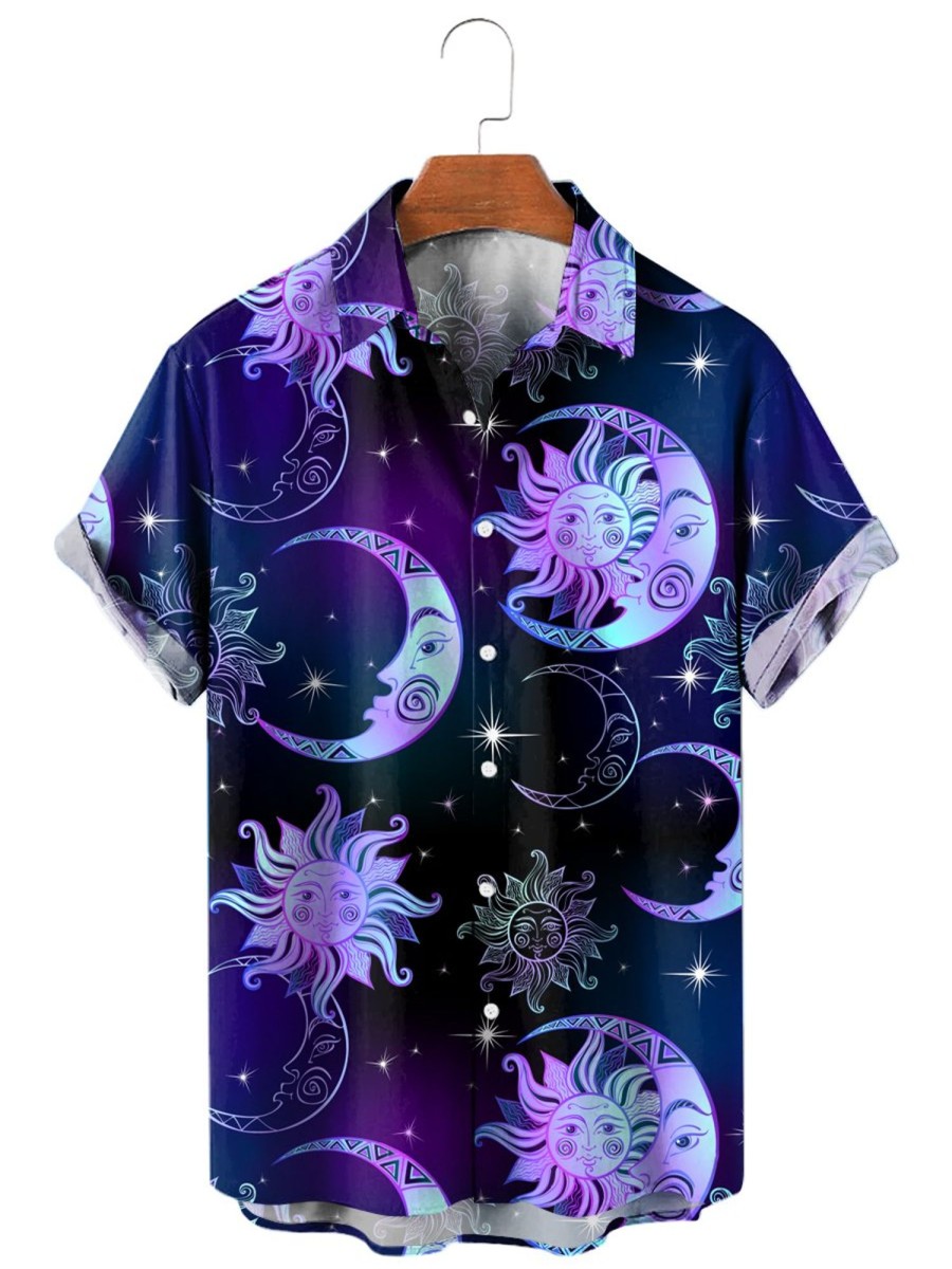 Men HLJ Shirts | Men'S Sun Moon And Star Print Short Sleeve Shirt Purple