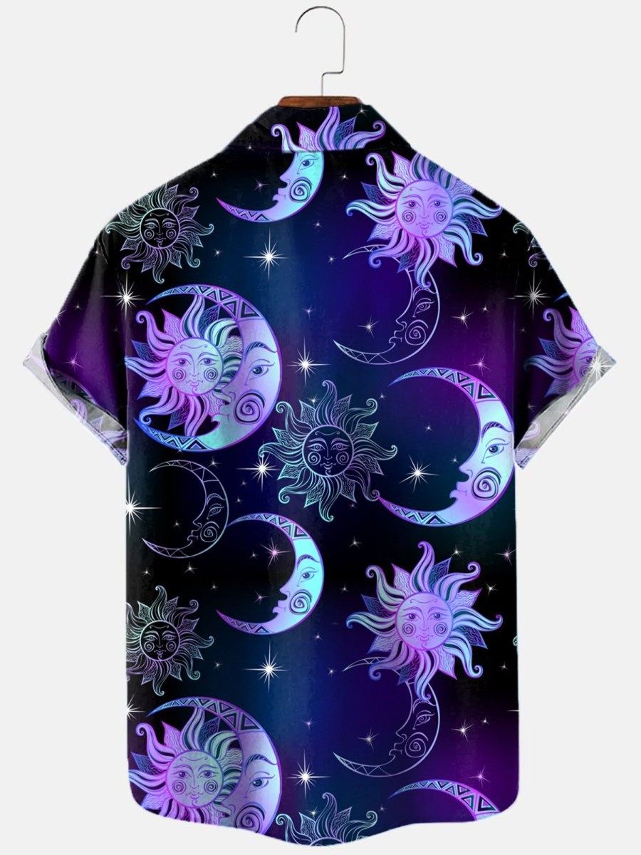 Men HLJ Shirts | Men'S Sun Moon And Star Print Short Sleeve Shirt Purple