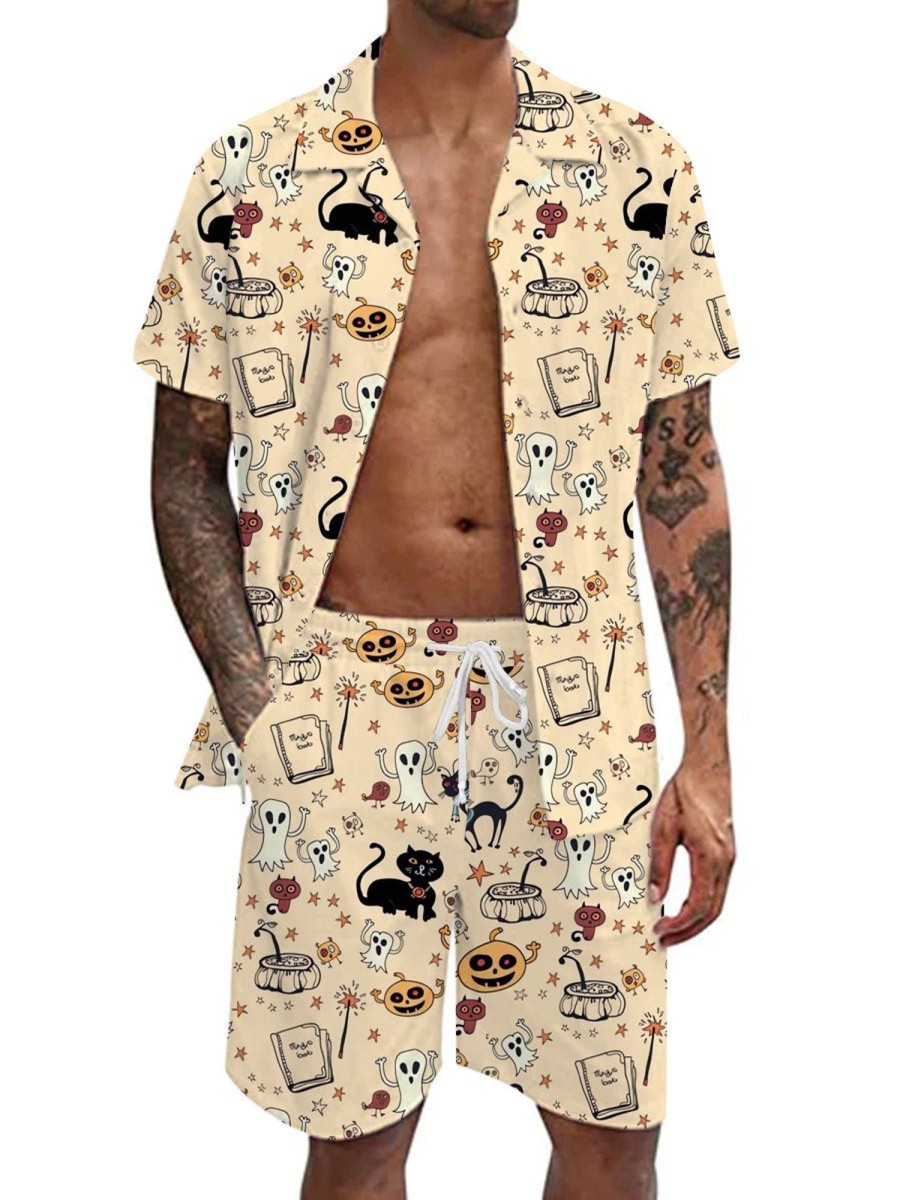 Men DJ Set | Happy Halloween Cartoon Print Shirt And Shorts Two-Piece Set Khaki