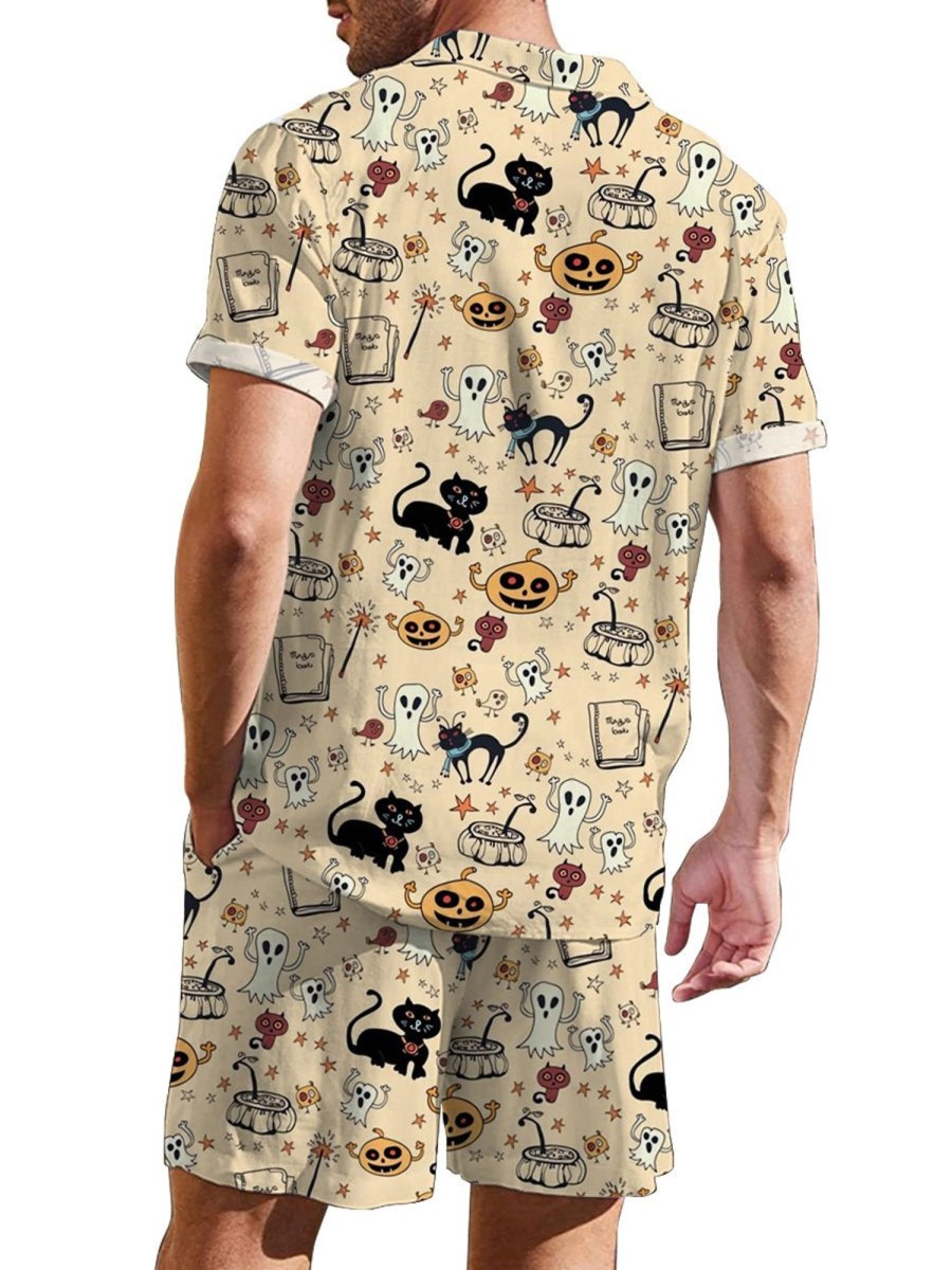 Men DJ Set | Happy Halloween Cartoon Print Shirt And Shorts Two-Piece Set Khaki