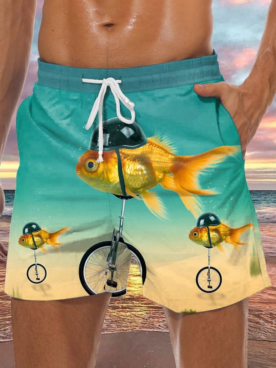 Men DJ Bottoms | Fun Biker Goldfish Print Casual Pocket Shorts Photo Color