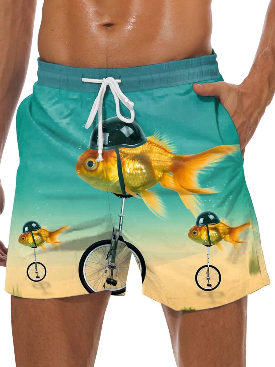 Men DJ Bottoms | Fun Biker Goldfish Print Casual Pocket Shorts Photo Color