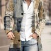 Men BXL Print Jacket | Men'S Casual Button Pocket Wool Geometric Color Block Print Stand Collar Coat Khaki