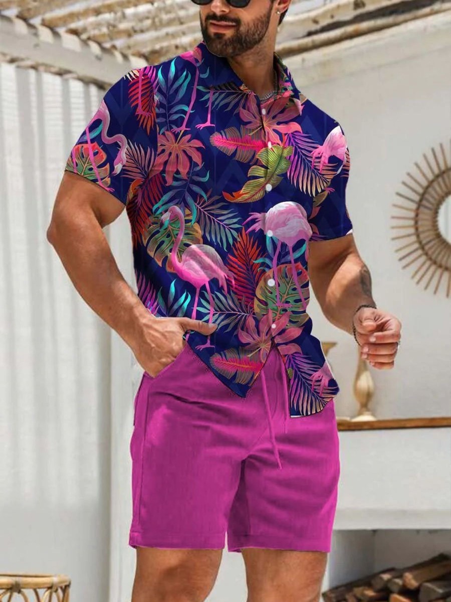 Men DJ Set | Flamingo Hawaii Hola Printing Shorts Suit Photo Color