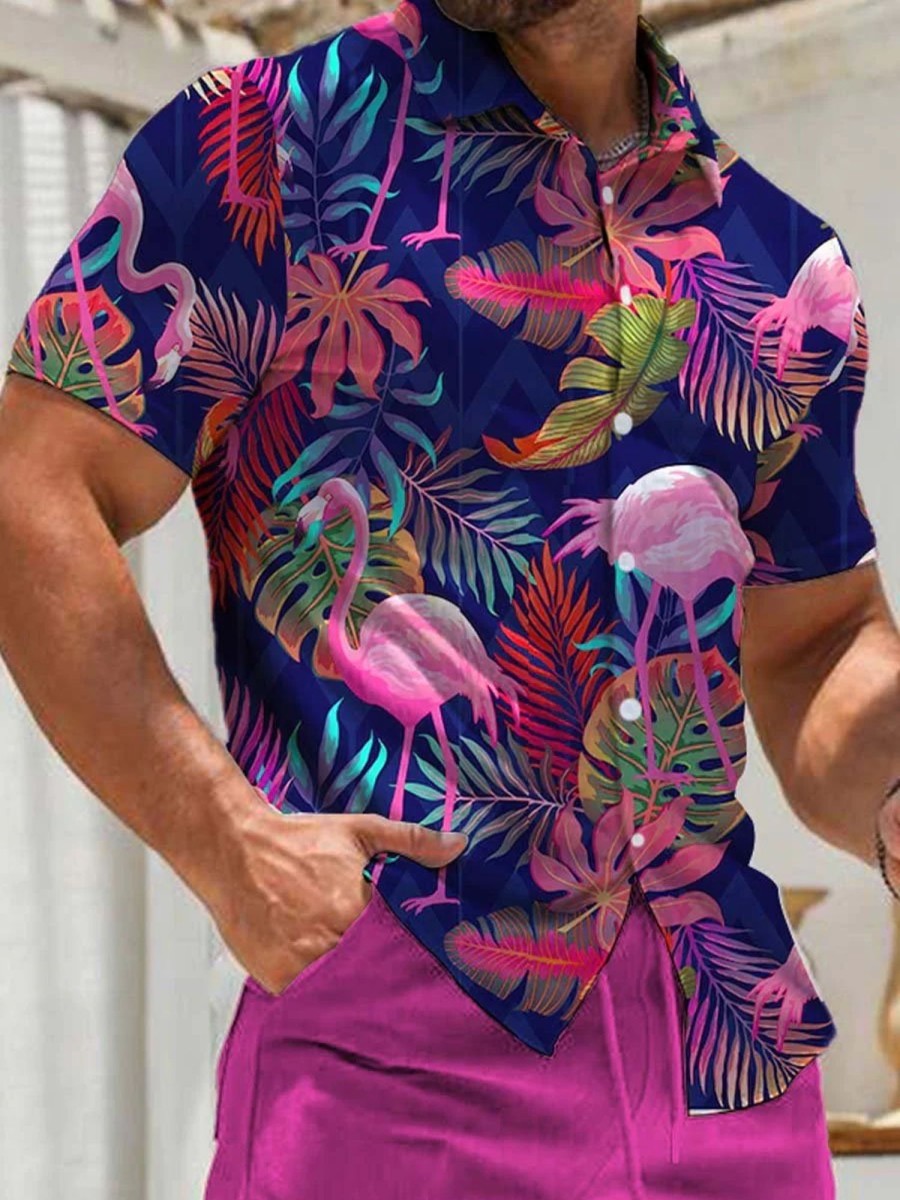 Men DJ Set | Flamingo Hawaii Hola Printing Shorts Suit Photo Color