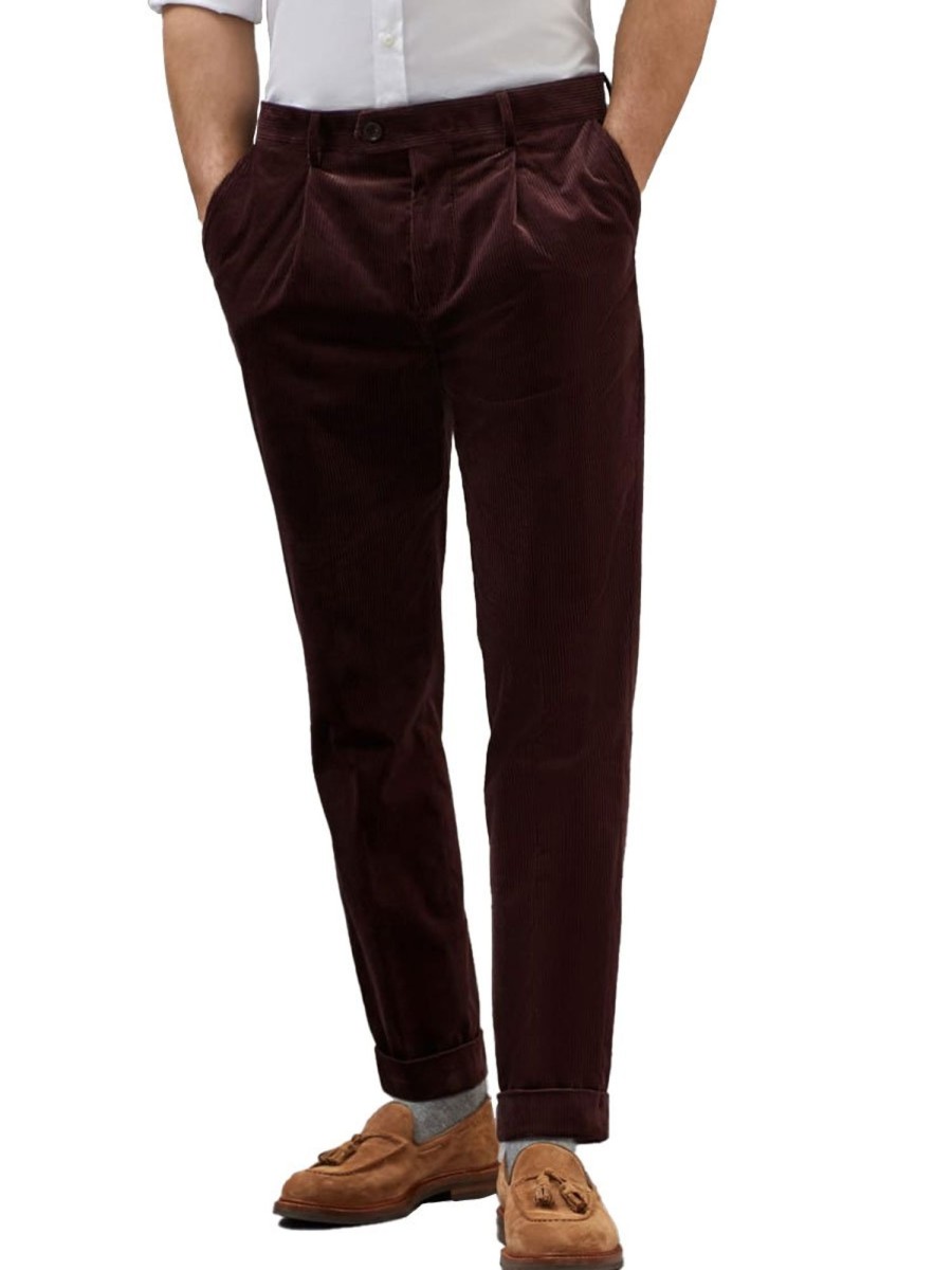 Men BXL Bottoms | Men'S Retro Solid Color Corduroy Elastic Waist Casual Suit Pants Purple Red