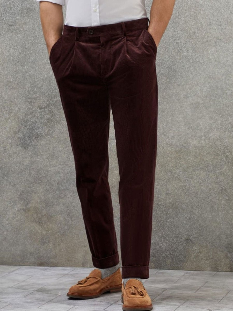 Men BXL Bottoms | Men'S Retro Solid Color Corduroy Elastic Waist Casual Suit Pants Purple Red