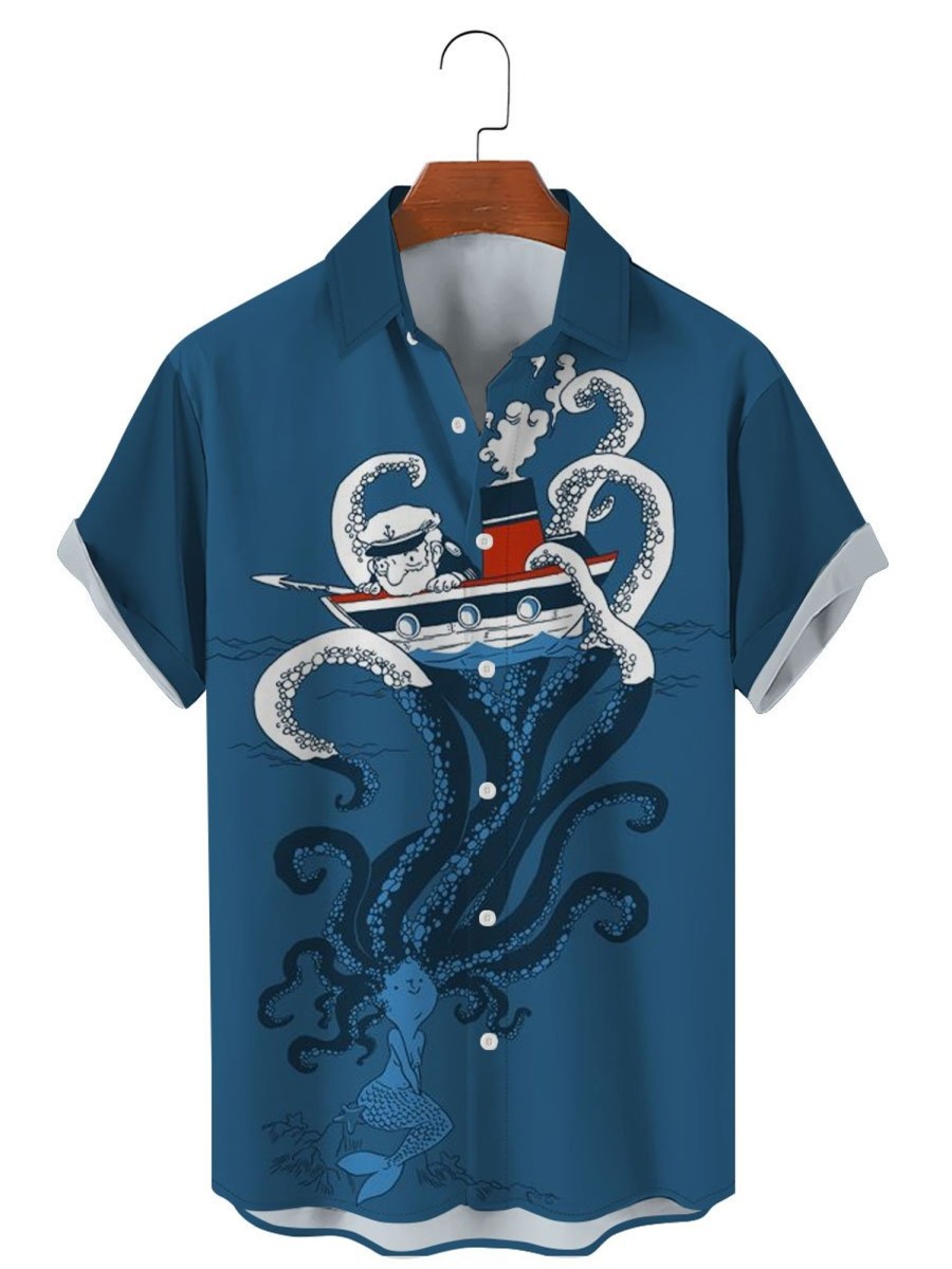 Men TH Shirts | Men'S Mermaid Cruise Print Short Sleeve Shirt Dark Blue