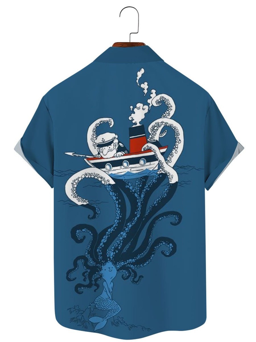 Men TH Shirts | Men'S Mermaid Cruise Print Short Sleeve Shirt Dark Blue