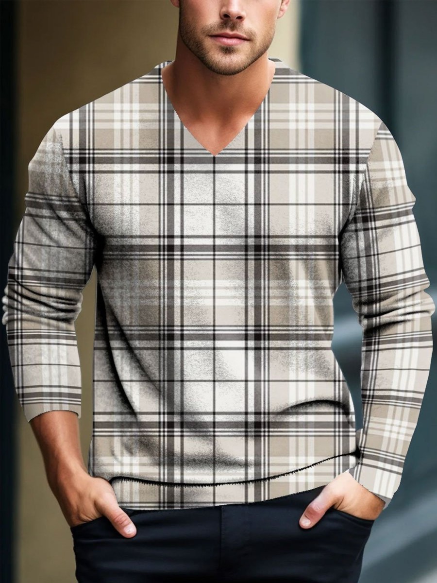 Men BXL Print Sweater | Men'S V-Neck Casual Plaid Knitted Pullover Sweater Gray