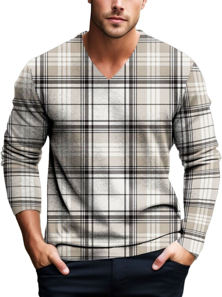 Men BXL Print Sweater | Men'S V-Neck Casual Plaid Knitted Pullover Sweater Gray