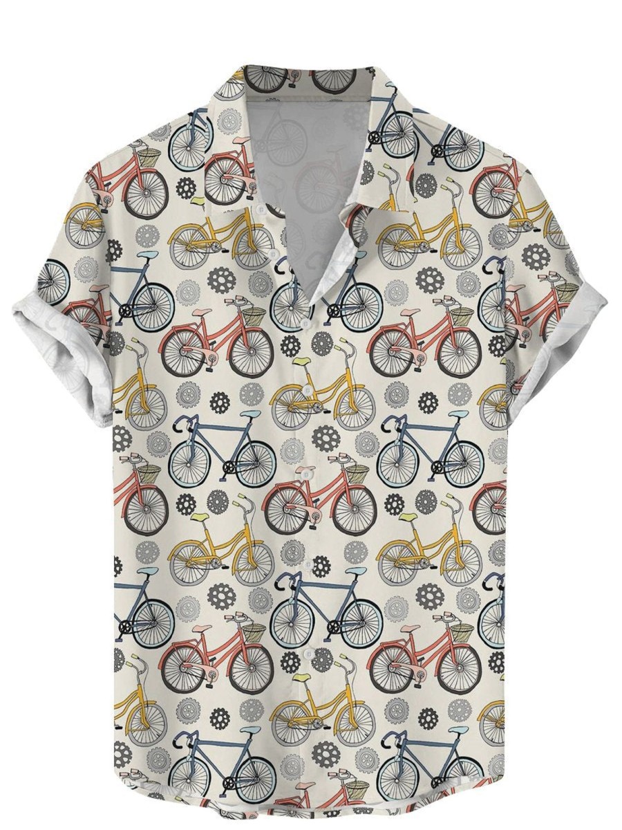 Men DJ Shirts | Bike Print Casual Short Sleeve Shirt Khaki