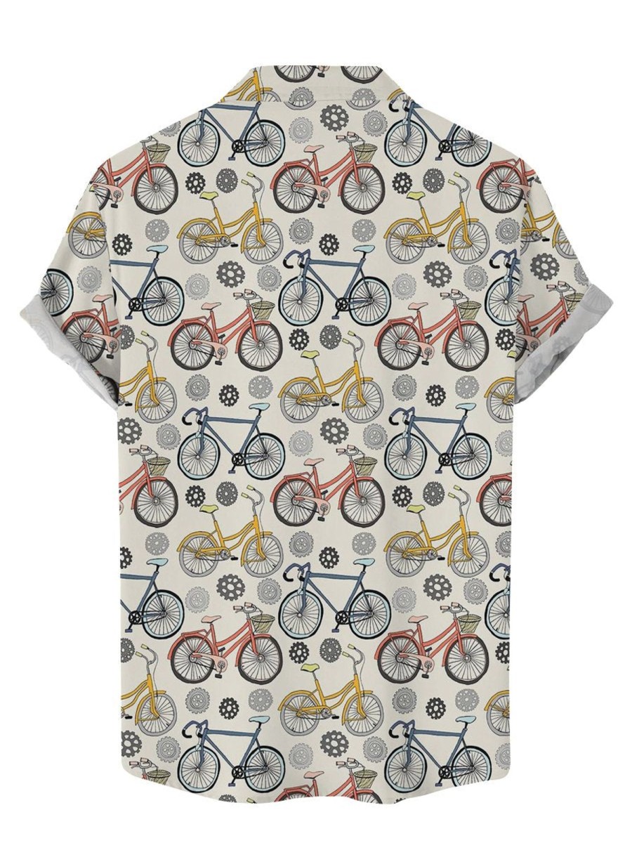 Men DJ Shirts | Bike Print Casual Short Sleeve Shirt Khaki