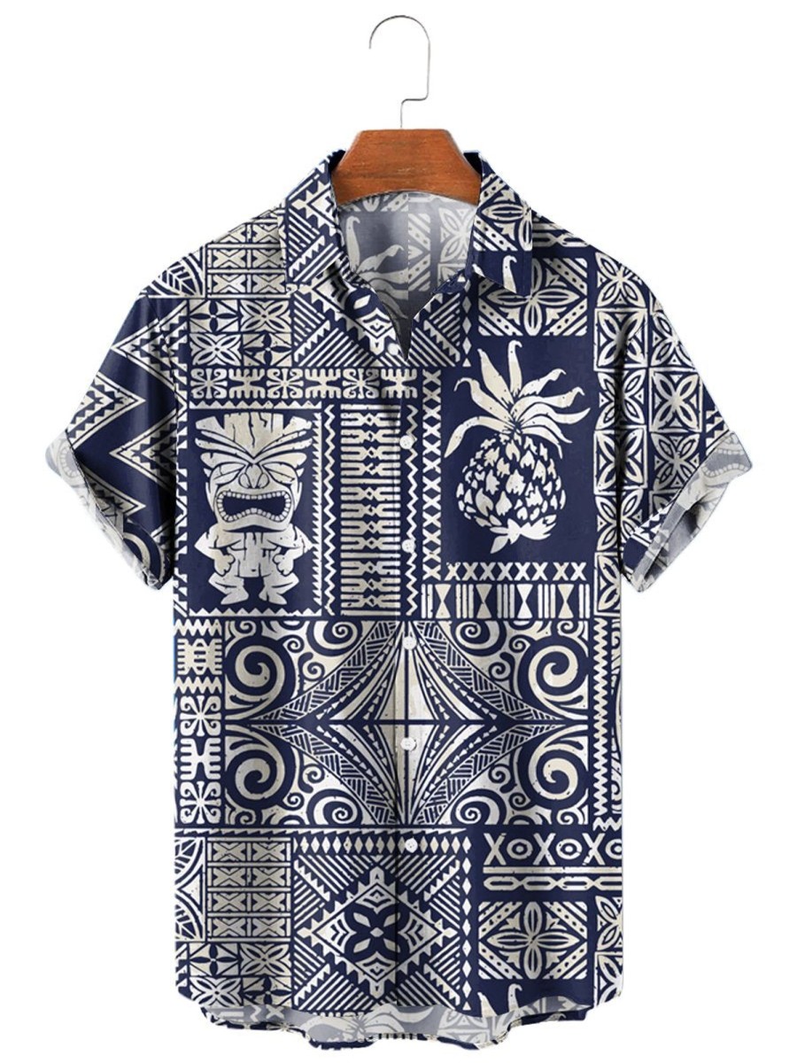 Men HLJ Shirts | Men'S Hawaiian Style Tribal Logo Element Short Sleeve Shirt Dark Blue