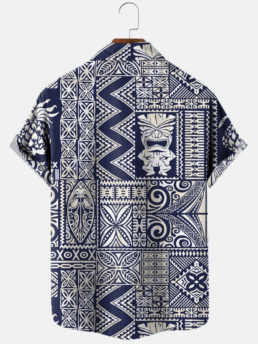 Men HLJ Shirts | Men'S Hawaiian Style Tribal Logo Element Short Sleeve Shirt Dark Blue