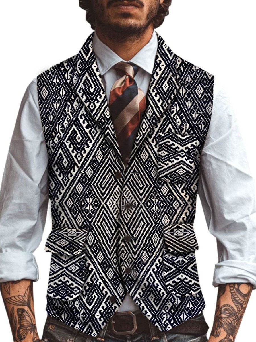 Men BXL Vest | Men'S Retro Ethnic Print Casual Multi-Pocket Wool Vest Black